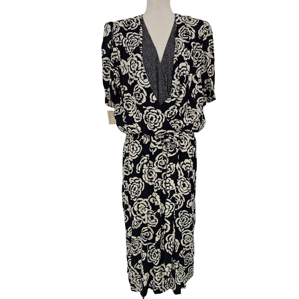 VTG 80s O'Bryan Dress Women 18‎ Navy Floral Pinup Midi  Wrap Belted Union Made